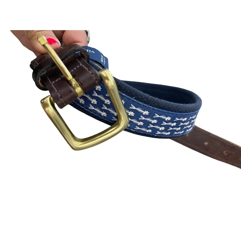 Vineyard Vines Navy Blue Fish Bone Embroidered Canvas Leather Belt Size 32‎ I07